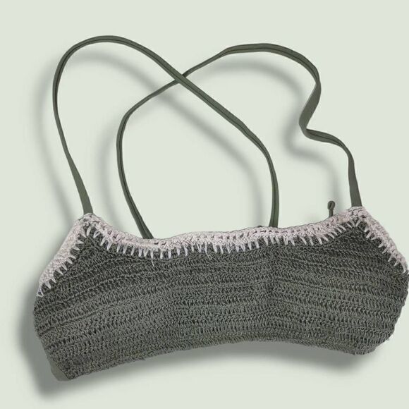 Xhilaration Olive Green Bikini Top Criss Cross Spaghetti Straps Back Tie Crochet - Picture 1 of 8